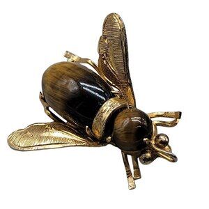 Tigers Eye Bee Brooch Gold Tone Insect Pendant Costume Fashion Jewelry